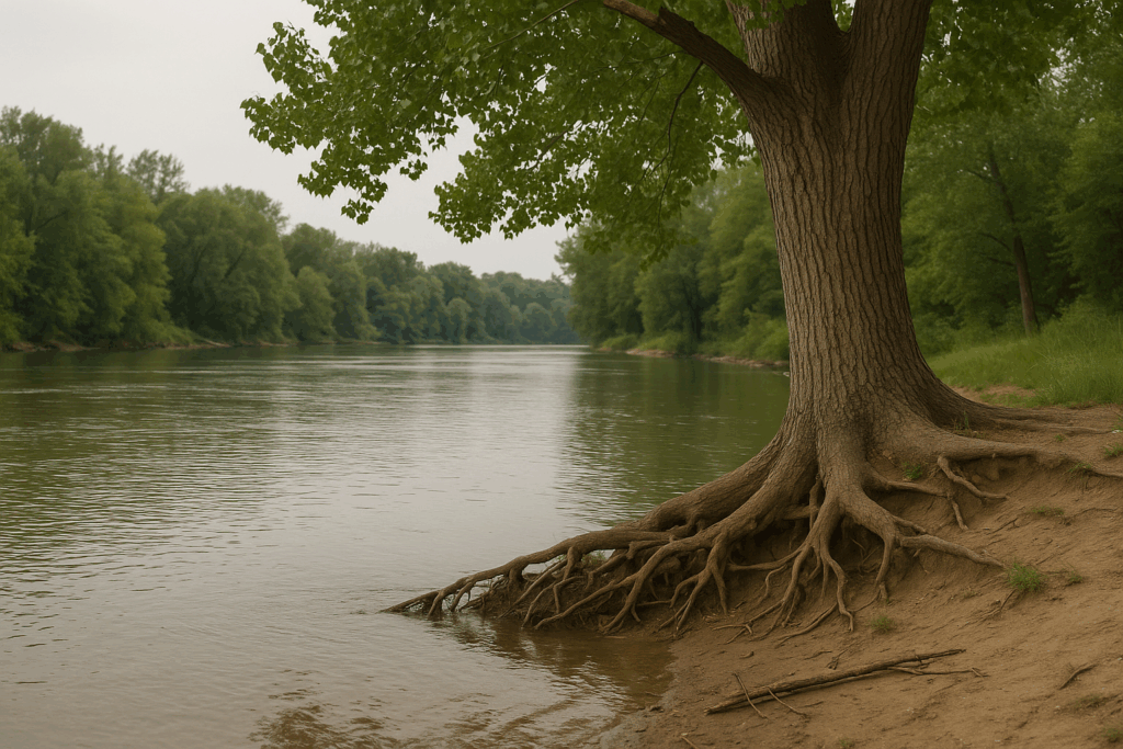 Cottonwood tree with exposed roots over a calm river, symbolizing a church rooted together in Christ.